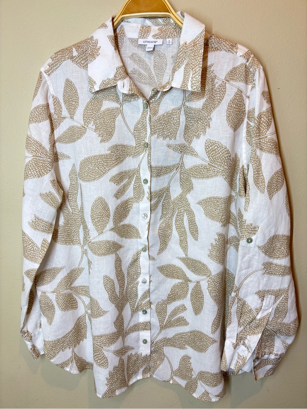 Chico's White Linen Button-Up Shirt with Tan Leaf Print, xl, Chicos size 3